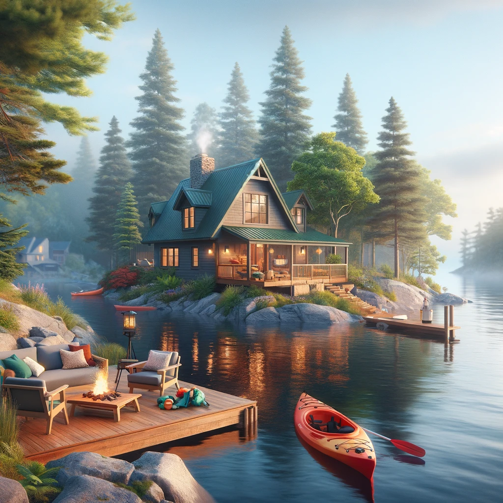 DALL·E 2024 03 26 14.54.37 Create a photo realistic image of a beautiful Muskoka cottage scene that embodies a perfect lifestyle match for potential homeowners. The scene should