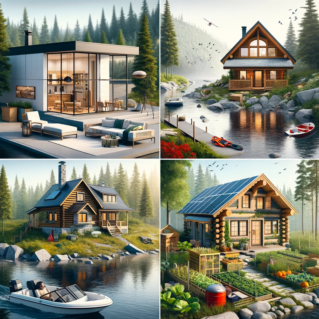 DALL·E 2024 03 26 14.57.06 Create a photo realistic image divided into four equal squares each depicting a different Muskoka cottage lifestyle. The first square shows a