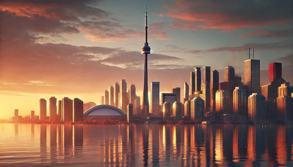 Photorealistic view of the Toronto skyline at sunrise, featuring the CN Tower and surrounding skyscrapers reflecting golden sunlight, with Lake Ontario in the foreground.