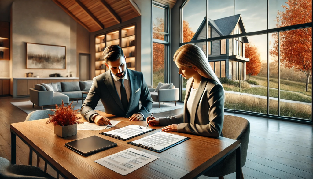 Real estate negotiation in Ontario home with two people reviewing documents at a table, large windows showing an autumn landscape, symbolizing strategic discussions.