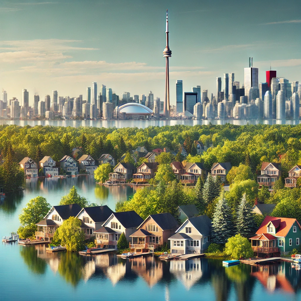 Toronto skyline with CN Tower, suburban GTA homes, and Muskoka lakes and cottages.
