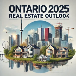 A photo-realistic representation showcasing various aspects of Ontario's real estate market in 2025, featuring Toronto's urban skyline, suburban homes, and rural landscapes with the text 'Ontario 2025 Real Estate Outlook' displayed in bold, professional font.
