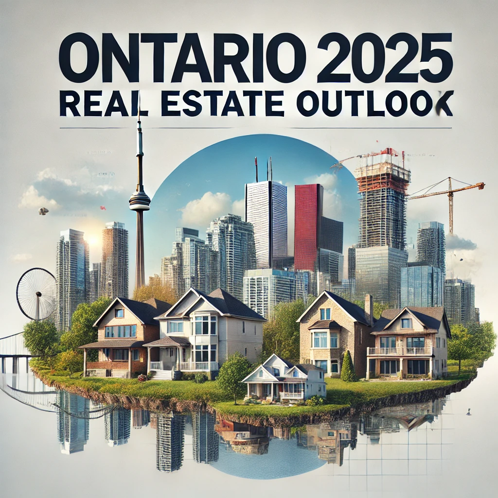 A photo-realistic representation showcasing various aspects of Ontario's real estate market in 2025, featuring Toronto's urban skyline, suburban homes, and rural landscapes with the text 'Ontario 2025 Real Estate Outlook' displayed in bold, professional font.