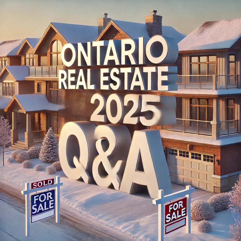 A realistic image of a snow-covered suburban Ontario neighborhood with a mix of detached homes and townhouses. A 'For Sale' sign stands in front of one of the homes, reflecting an active real estate market. The clear sky and soft winter sunlight create a professional and inviting atmosphere in the Ontario Real Estate Market in 2025.