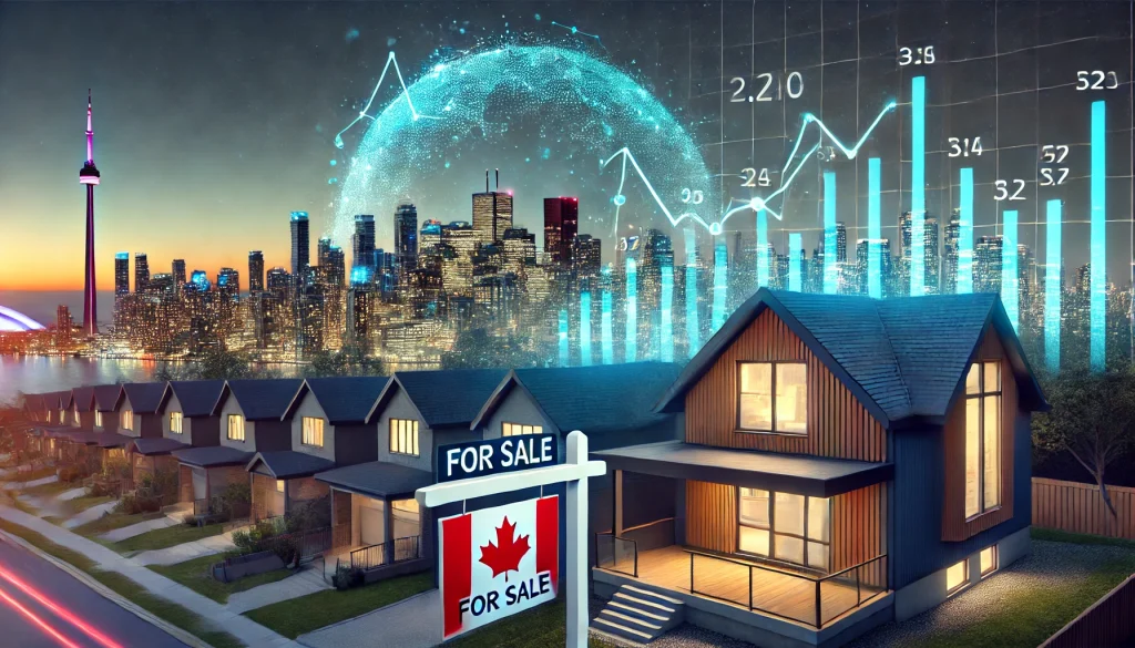 Toronto skyline at dusk with a row of houses and a ‘For Sale’ sign, overlaid with a market trend graph reflecting Ontario’s changing real estate landscape.