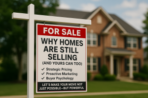 For Sale sign in front of suburban brick house highlighting selling strategies: strategic pricing, proactive marketing, and buyer psychology.