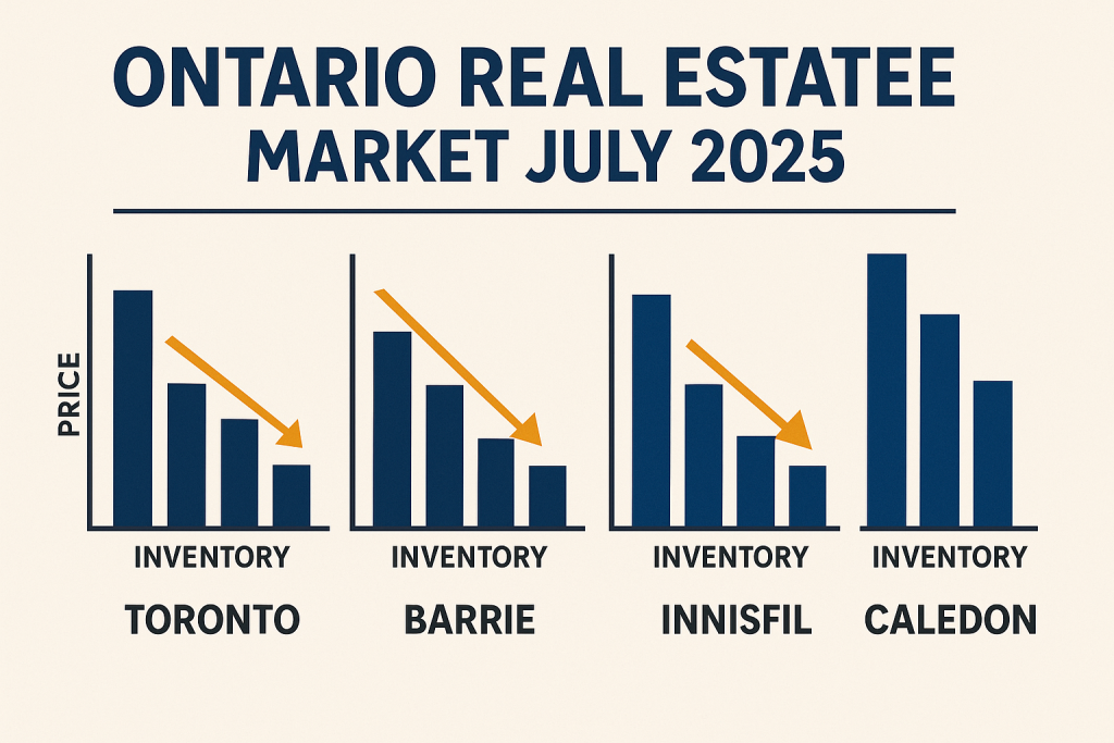 Ontario real estate market trends July 2025 – regional price shifts for Ontario sellers in Barrie, Innisfil, Caledon, Bolton, Toronto, and beyond