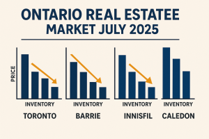 Ontario real estate market trends July 2025 – regional price shifts for Ontario sellers in Barrie, Innisfil, Caledon, Bolton, Toronto, and beyond