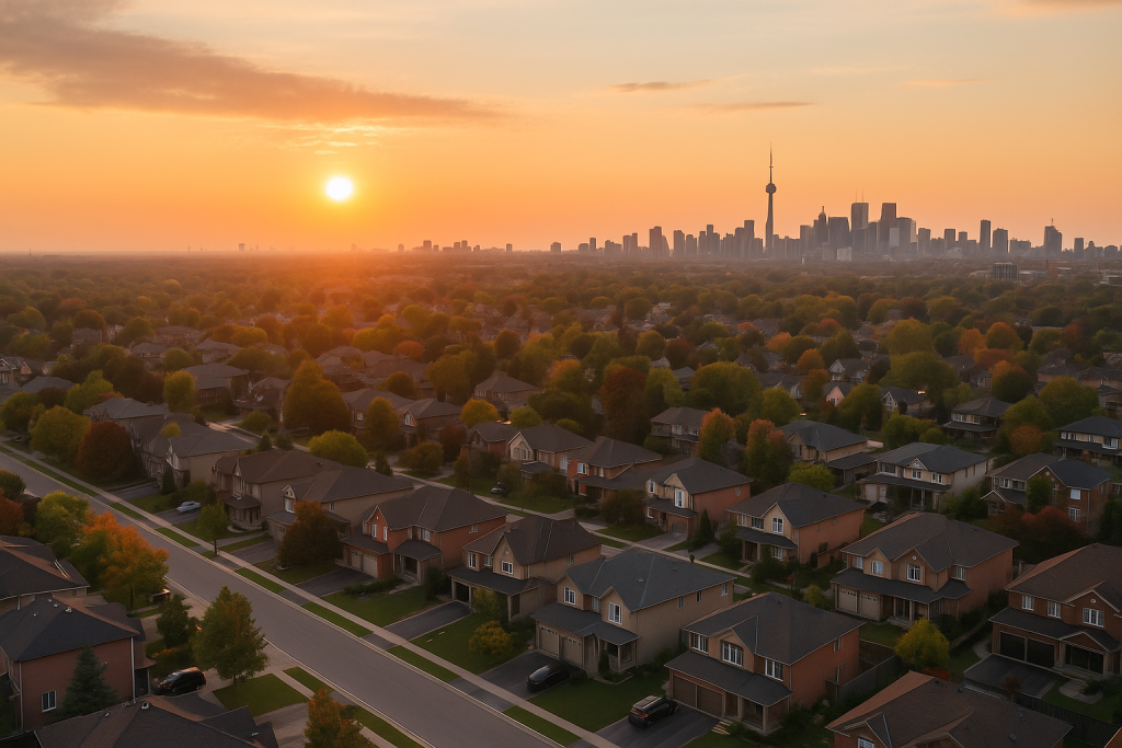 Aerial sunset view of Toronto skyline and GTA homes – iPro Realty $8M Shortfall context for Ontario real estate buyers and sellers.