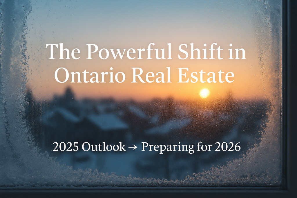 Frosted Ontario window showing sunrise over homes symbolizing the powerful shift in Ontario real estate 2025 and preparation for 2026